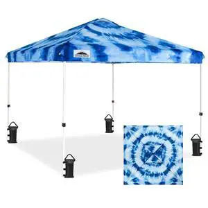 Pop Up Canopy Tent with Wheeled Carry Bag, 8 Stakes, 4 Ropes, 4 Weight Bags, Easy Set Up Tent Canopy, 10x10 ft, 100sqft of Shade, Tie Dye Blue Pop Up Canopy Tent with Wheeled Carry Bag, 8 Stakes, 4 Ropes, 4 Weight Bags, Easy Set Up Tent Canopy, 10x10 ft, 100sqft of Shade, Tie Dye Blue