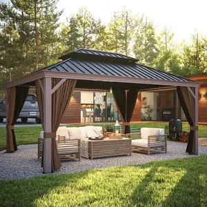 12x16 Hardtop Gazebo, Galvanized Steel Double Roof with Aluminum Frame, Outdoor Pavilion with Netting and Curtains for Patio, Deck, Lawn and Garden, Brown/Black 12x16 Hardtop Gazebo, Galvanized Steel Double Roof with Aluminum Frame, Outdoor Pavilion with Netting and Curtains for Patio, Deck, Lawn and Garden, Brown/Black