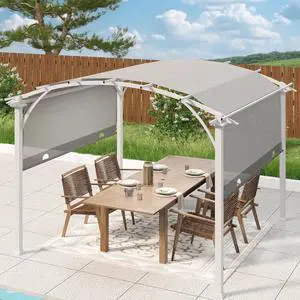 11.4x11.4 Outdoor Pergola with Retractable Textilene Sun Shade Top, Wood Looking Steel Frame Arch Patio Pergola, Gray 11.4x11.4 Outdoor Pergola with Retractable Textilene Sun Shade Top, Wood Looking Steel Frame Arch Patio Pergola, Gray