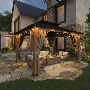 11x13 Hardtop Gazebo, Galvanized Steel Double Roof Gazebo with Cedar Wood Frame, Outdoor Pavilion with Netting and Curtains for Patio, Deck. Lawn and Garden, Natural Wood/Black 11x13 Hardtop Gazebo, Galvanized Steel Double Roof Gazebo with Cedar Wood Frame, Outdoor Pavilion with Netting and Curtains for Patio, Deck. Lawn and Garden, Natural Wood/Black