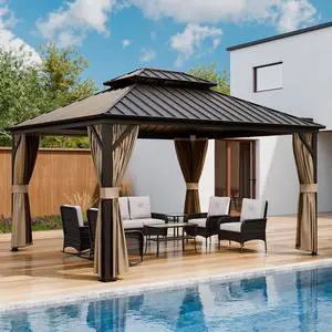 12x14 Hardtop Gazebo, Galvanized Steel Double Roof with Aluminum Frame, Outdoor Pavilion with Netting and Curtains for Patio, Deck, Lawn and Garden, Dark Brown/Tan 12x14 Hardtop Gazebo, Galvanized Steel Double Roof with Aluminum Frame, Outdoor Pavilion with Netting and Curtains for Patio, Deck, Lawn and Garden, Dark Brown/Tan