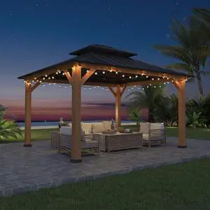 11x13 Hardtop Gazebo, Glavanized Steel Double Roof with Cedar Wood Frame, Outdoor Pavilion for Patio, Deck, Lawn and Garden, Natural Wood/Black 11x13 Hardtop Gazebo, Glavanized Steel Double Roof with Cedar Wood Frame, Outdoor Pavilion for Patio, Deck, Lawn and Garden, Natural Wood/Black