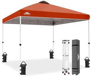 Pop Up Canopy Tent with Wheeled Carry Bag, 8 Stakes, 4 Ropes, 4 Weight Bags, Easy Set Up Tent Canopy, 10x10 ft, 100sqft of Shade, Brick Red Pop Up Canopy Tent with Wheeled Carry Bag, 8 Stakes, 4 Ropes, 4 Weight Bags, Easy Set Up Tent Canopy, 10x10 ft, 100sqft of Shade, Brick Red