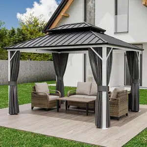 12x10 Hardtop Gazebo, Galvanized Steel Double Roof with Aluminum Frame, Outdoor Pavilion with Netting and Curtains for Patio, Deck, Lawn and Garden, White/Gray 12x10 Hardtop Gazebo, Galvanized Steel Double Roof with Aluminum Frame, Outdoor Pavilion with Netting and Curtains for Patio, Deck, Lawn and Garden, White/Gray