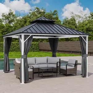 12x12 Hardtop Gazebo, Galvanized Steel Double Roof with Aluminum Frame, Outdoor Pavilion with Netting and Curtains for Patio, Deck, Lawn and Garden, White/Gray 12x12 Hardtop Gazebo, Galvanized Steel Double Roof with Aluminum Frame, Outdoor Pavilion with Netting and Curtains for Patio, Deck, Lawn and Garden, White/Gray
