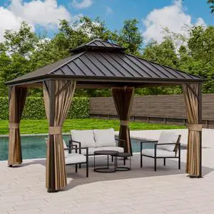 12x12 Hardtop Gazebo, Galvanized Steel Double Roof with Aluminum Frame, Outdoor Pavilion with Netting and Curtains for Patio, Deck, Lawn and Garden, Dark Brown/Tan 12x12 Hardtop Gazebo, Galvanized Steel Double Roof with Aluminum Frame, Outdoor Pavilion with Netting and Curtains for Patio, Deck, Lawn and Garden, Dark Brown/Tan