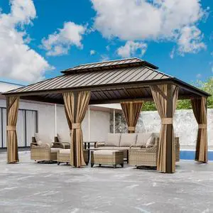 12x18 Hardtop Gazebo, Galvanized Steel Double Roof with Aluminum Frame, Outdoor Pavilion with Netting and Curtains for Patio, Deck, Lawn and Garden, Dark Brown/Tan 12x18 Hardtop Gazebo, Galvanized Steel Double Roof with Aluminum Frame, Outdoor Pavilion with Netting and Curtains for Patio, Deck, Lawn and Garden, Dark Brown/Tan