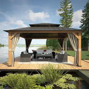 13x15 Hardtop Gazebo, Galvanized Steel Double Roof Gazebo with Cedar Wood Frame, Outdoor Pavilion with Netting and Curtains for Patio, Deck, Lawn and Garden, Natural Wood/Black 13x15 Hardtop Gazebo, Galvanized Steel Double Roof Gazebo with Cedar Wood Frame, Outdoor Pavilion with Netting and Curtains for Patio, Deck, Lawn and Garden, Natural Wood/Black