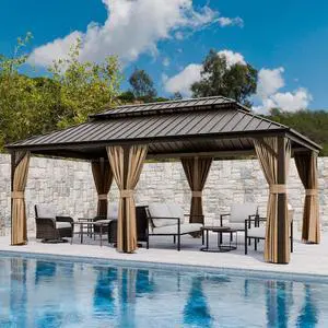 12x20 Hardtop Gazebo, Galvanized Steel Double Roof with Aluminum Frame, Outdoor Pavilion with Netting and Curtains for Patio, Deck, Lawn and Garden, Dark Brown/Tan 12x20 Hardtop Gazebo, Galvanized Steel Double Roof with Aluminum Frame, Outdoor Pavilion with Netting and Curtains for Patio, Deck, Lawn and Garden, Dark Brown/Tan