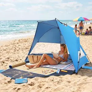 Instant Beach Tent, Beach Canopy Sun Shade with Windows, 3-4 Person Pop up Tent with UPF50+ UV Protection, Easy Setup Cabana Shade, Light Blue Instant Beach Tent, Beach Canopy Sun Shade with Windows, 3-4 Person Pop up Tent with UPF50+ UV Protection, Easy Setup Cabana Shade, Light Blue