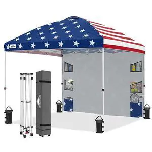Commercial Canopy 10x10 with Sidewall Storage, Easy OnePerson Setup Pop Up Canopy Tent with Roller Bag, Stakes, Ropes, and Weight Bags, American Flag Commercial Canopy 10x10 with Sidewall Storage, Easy OnePerson Setup Pop Up Canopy Tent with Roller Bag, Stakes, Ropes, and Weight Bags, American Flag