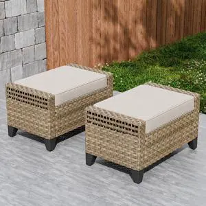 2 Piece Wicker Outdoor Ottoman, Patio Ottoman Foot Rest for Couch with Removable Cushions for Patio, Deck, Backyard and Poolside, Brown/Gray 2 Piece Wicker Outdoor Ottoman, Patio Ottoman Foot Rest for Couch with Removable Cushions for Patio, Deck, Backyard and Poolside, Brown/Gray