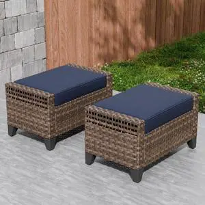 2 Piece Wicker Outdoor Ottoman, Patio Ottoman Foot Rest for Couch with Removable Cushions for Patio, Deck, Backyard and Poolside, Brown/Blue 2 Piece Wicker Outdoor Ottoman, Patio Ottoman Foot Rest for Couch with Removable Cushions for Patio, Deck, Backyard and Poolside, Brown/Blue
