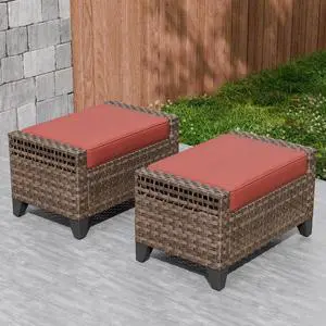 2 Piece Wicker Outdoor Ottoman, Patio Ottoman Foot Rest for Couch with Removable Cushions for Patio, Deck, Backyard and Poolside, Brown/Red 2 Piece Wicker Outdoor Ottoman, Patio Ottoman Foot Rest for Couch with Removable Cushions for Patio, Deck, Backyard and Poolside, Brown/Red