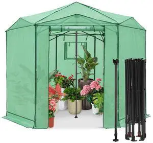 8.5x8.5 Portable Walk in Greenhouse, Pop Up Indoor Outdoor Greenhouse, Green House Kit with Zippered Roll-Up Doors and Windows, Hexagon Design, PE Cover, Clear/Green 8.5x8.5 Portable Walk in Greenhouse, Pop Up Indoor Outdoor Greenhouse, Green House Kit with Zippered Roll-Up Doors and Windows, Hexagon Design, PE Cover, Clear/Green
