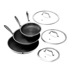 HexClad 6 Piece Hybrid Nonstick Frying Pan Set, 8, 10 and 12-Inch Frying Pans with Lids, Stay-Cool Handles, Dishwasher and Oven Safe, Induction Ready, Compatible with All Cooktops HexClad 6 Piece Hybrid Nonstick Frying Pan Set, 8, 10 and 12-Inch Frying Pans with Lids, Stay-Cool Handles, Dishwasher and Oven Safe, Induction Ready, Compatible with All Cooktops
