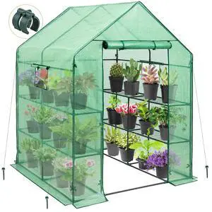 Walk in 3-Tier Greenhouse with Wire Shelves, Portable Indoor and Outdoor Green House with Roll-Up Zippered Door & 2 Roll Up Windows, 8 Shelves, 56"x56"x77", Clear/Green PE Cover Walk in 3-Tier Greenhouse with Wire Shelves, Portable Indoor and Outdoor Green House with Roll-Up Zippered Door & 2 Roll Up Windows, 8 Shelves, 56"x56"x77", Clear/Green PE Cover