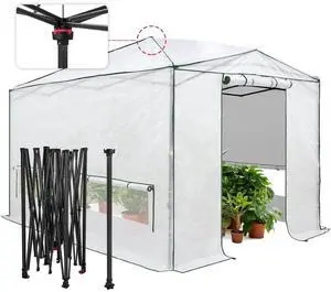 12x8 Portable Walk in Greenhouse, Pop Up Indoor Outdoor Greenhouse, Green House Kit with Zippered Roll-Up Doors, Windows + Support Pole, Woven Cover, Translucent 12x8 Portable Walk in Greenhouse, Pop Up Indoor Outdoor Greenhouse, Green House Kit with Zippered Roll-Up Doors, Windows + Support Pole, Woven Cover, Translucent
