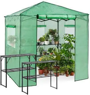 7x7 Portable Walk in Greenhouse, Pop Up Indoor Outdoor Greenhouse, Green House Kit with Zippered Roll-Up Doors and Windows + Mesh Lining & 2 Foldable Shelves, PE Cover, Clear/Green 7x7 Portable Walk in Greenhouse, Pop Up Indoor Outdoor Greenhouse, Green House Kit with Zippered Roll-Up Doors and Windows + Mesh Lining & 2 Foldable Shelves, PE Cover, Clear/Green