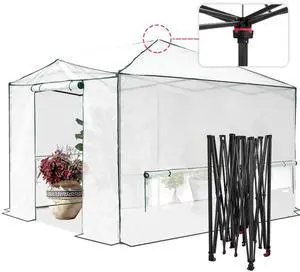 12x8 Portable Walk in Greenhouse, Pop Up Indoor Outdoor Greenhouse, Green House Kit with Zippered Roll-Up Doors, Windows + Support Pole, PE Cover, Clear/White 12x8 Portable Walk in Greenhouse, Pop Up Indoor Outdoor Greenhouse, Green House Kit with Zippered Roll-Up Doors, Windows + Support Pole, PE Cover, Clear/White