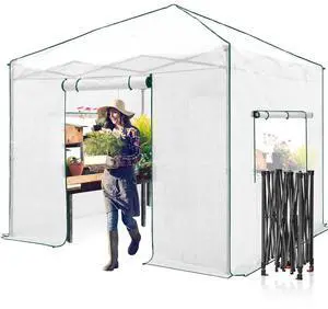 10x10 Portable Walk in Greenhouse, Pop Up Indoor Outdoor Greenhouse, Green House Kit with Zippered Roll-Up Doors and Windows, PE Cover, Clear/White 10x10 Portable Walk in Greenhouse, Pop Up Indoor Outdoor Greenhouse, Green House Kit with Zippered Roll-Up Doors and Windows, PE Cover, Clear/White