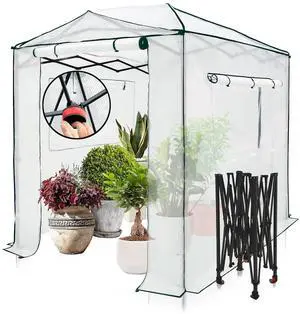 8x6 Portable Walk in Greenhouse, Pop Up Indoor Outdoor Greenhouse, Green House Kit with Zippered Roll-Up Doors and Windows, PE Cover, Clear/White 8x6 Portable Walk in Greenhouse, Pop Up Indoor Outdoor Greenhouse, Green House Kit with Zippered Roll-Up Doors and Windows, PE Cover, Clear/White