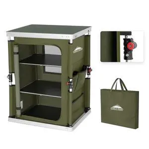 Outdoor Folding Camping Table with Large 3-Tier Storage Organizer and Side Pockets, Easy Set Up Portable Aluminum Camping Kitchen, Green Outdoor Folding Camping Table with Large 3-Tier Storage Organizer and Side Pockets, Easy Set Up Portable Aluminum Camping Kitchen, Green