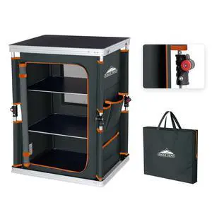 Outdoor Folding Camping Table with Large 3-Tier Storage Organizer and Side Pockets, Easy Set Up Portable Aluminum Camping Kitchen, Gray Outdoor Folding Camping Table with Large 3-Tier Storage Organizer and Side Pockets, Easy Set Up Portable Aluminum Camping Kitchen, Gray