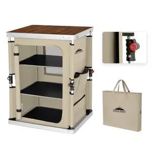 Outdoor Folding Camping Table with Large 3-Tier Storage Organizer and Side Pockets, Easy Set Up Portable Aluminum Camping Kitchen, Beige Outdoor Folding Camping Table with Large 3-Tier Storage Organizer and Side Pockets, Easy Set Up Portable Aluminum Camping Kitchen, Beige
