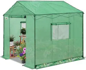8x8 Portable Pop Up Greenhouse, Patented Center Lock Easy One Person Setup, Walk-in Outdoor Greenhouse with Gable Roof, Weight Bags, Zippered Doors & Windows, Green 8x8 Portable Pop Up Greenhouse, Patented Center Lock Easy One Person Setup, Walk-in Outdoor Greenhouse with Gable Roof, Weight Bags, Zippered Doors & Windows, Green