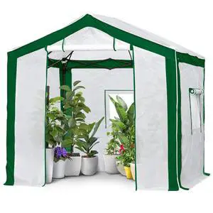 8x8 Portable Walk in Greenhouse with Polyester Reinforced Corners, Heavy Duty Instant Pop Up Indoor Outdoor Green House, Front Roll Up Zipper Entry Door and Mesh Windows, Green/White 8x8 Portable Walk in Greenhouse with Polyester Reinforced Corners, Heavy Duty Instant Pop Up Indoor Outdoor Green House, Front Roll Up Zipper Entry Door and Mesh Windows, Green/White