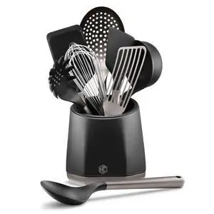 HexClad 9-Piece Kitchen Utensil Set, 9 Stainless Steel & Silicone Tools with a Fingerprint-Resistant Metallic Finish, Heat-Resistant to 450°F, Dishwasher-Safe, Includes Non-Slip Ceramic Crock Holder HexClad 9-Piece Kitchen Utensil Set, 9 Stainless Steel & Silicone Tools with a Fingerprint-Resistant Metallic Finish, Heat-Resistant to 450°F, Dishwasher-Safe, Includes Non-Slip Ceramic Crock Holder