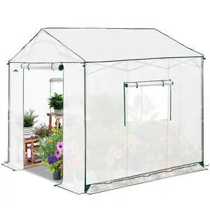 8x8 Portable Pop Up Greenhouse, Patented Center Lock Easy One Person Setup, Walk-in Outdoor Greenhouse with Gable Roof, Weight Bags, Zippered Doors & Windows, White 8x8 Portable Pop Up Greenhouse, Patented Center Lock Easy One Person Setup, Walk-in Outdoor Greenhouse with Gable Roof, Weight Bags, Zippered Doors & Windows, White