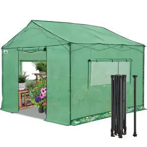 10x10 Portable Pop Up Greenhouse, Patented Center Lock Easy One Person Setup, Walk-in Outdoor Greenhouse with Gable Roof, Weight Bags, Zippered Doors & Windows - Winter Support Pole, Green 10x10 Portable Pop Up Greenhouse, Patented Center Lock Easy One Person Setup, Walk-in Outdoor Greenhouse with Gable Roof, Weight Bags, Zippered Doors & Windows - Winter Support Pole, Green