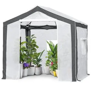 8x8 Portable Walk in Greenhouse with Polyester Reinforced Corners, Heavy Duty Instant Pop Up Indoor Outdoor Green House, Front Roll Up Zipper Entry Door and Mesh Windows, Gray/White 8x8 Portable Walk in Greenhouse with Polyester Reinforced Corners, Heavy Duty Instant Pop Up Indoor Outdoor Green House, Front Roll Up Zipper Entry Door and Mesh Windows, Gray/White