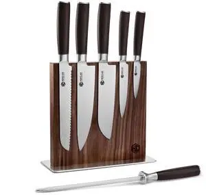 Espresso 7 Piece Japanese Damascus Stainless Steel Blade Essential Knife Set with Magnetic Knife Block, Full Tang Construction, Pakkawood Handle Espresso 7 Piece Japanese Damascus Stainless Steel Blade Essential Knife Set with Magnetic Knife Block, Full Tang Construction, Pakkawood Handle
