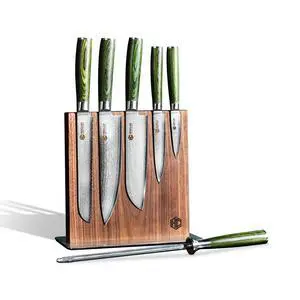 Green 7 Piece Japanese Damascus Stainless Steel Blade Essential Knife Set with Magnetic Knife Block, Full Tang Construction, Pakkawood Handle Green 7 Piece Japanese Damascus Stainless Steel Blade Essential Knife Set with Magnetic Knife Block, Full Tang Construction, Pakkawood Handle