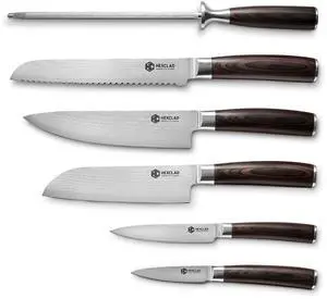 Espresso 6 Piece Japanese Damascus Stainless Steel Blade Essential Knife Set, Full Tang Construction, Pakkawood Handle Espresso 6 Piece Japanese Damascus Stainless Steel Blade Essential Knife Set, Full Tang Construction, Pakkawood Handle