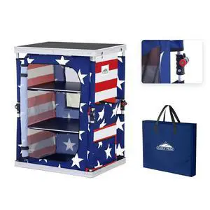 Outdoor Folding Camping Table with Large 3-Tier Storage Organizer and Side Pockets, Easy Set Up Portable Aluminum Camping Kitchen, American Flag Outdoor Folding Camping Table with Large 3-Tier Storage Organizer and Side Pockets, Easy Set Up Portable Aluminum Camping Kitchen, American Flag