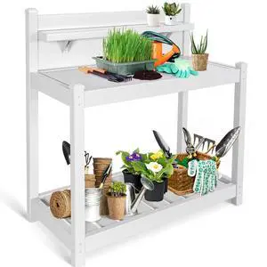 Potting Bench, Weatherproof Vinyl Potting Table for Outdoor & Indoor Use, Easy Clean Garden Workstation with Storage Shelves, White, 40" Potting Bench, Weatherproof Vinyl Potting Table for Outdoor & Indoor Use, Easy Clean Garden Workstation with Storage Shelves, White, 40"