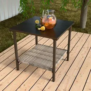 Coastal Vista Outdoor Table with Wicker Shelf for Garden, Patio, Poolside and Porch, Square, Wood Grain Top Coastal Vista Outdoor Table with Wicker Shelf for Garden, Patio, Poolside and Porch, Square, Wood Grain Top