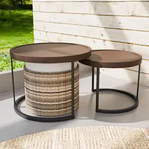 Sunset Dune Collection Round Modern Nesting Coffee Tables, Wood Grain Top Stacking Accent Tables, Matching Ottoman, Indoor Outdoor, Set of 3, Brown Sunset Dune Collection Round Modern Nesting Coffee Tables, Wood Grain Top Stacking Accent Tables, Matching Ottoman, Indoor Outdoor, Set of 3, Brown