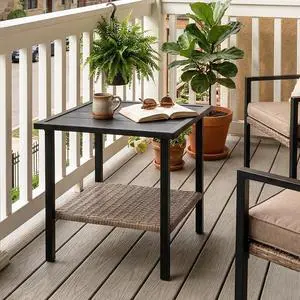 Mojave Dusk Patio Side Table with Wood Grain Top and Wicker Shelf, Durable Weather-Resistant Outdoor Table for Balcony, Porch, Deck, or Garden, Small Mojave Dusk Patio Side Table with Wood Grain Top and Wicker Shelf, Durable Weather-Resistant Outdoor Table for Balcony, Porch, Deck, or Garden, Small