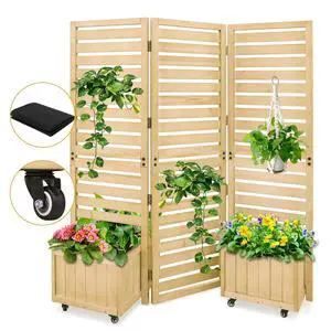 Tri Fold Outdoor Cedar Privacy Screen with 2 Raised Garden Beds, 3 Hinged Panels for Patio, Deck, Backyard, Freestanding Panel with Planter Boxes,61.3''L x 19.7''W x 66.5''H, Natural Tri Fold Outdoor Cedar Privacy Screen with 2 Raised Garden Beds, 3 Hinged Panels for Patio, Deck, Backyard, Freestanding Panel with Planter Boxes,61.3''L x 19.7''W x 66.5''H, Natural