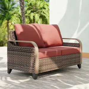 Wicker Outdoor Patio Sofa Modern Rattan Patio Furniture Loveseat for Backyard Deck Porch Balcony, 2 Seat Loveseat, Brown/Red Wicker Outdoor Patio Sofa Modern Rattan Patio Furniture Loveseat for Backyard Deck Porch Balcony, 2 Seat Loveseat, Brown/Red
