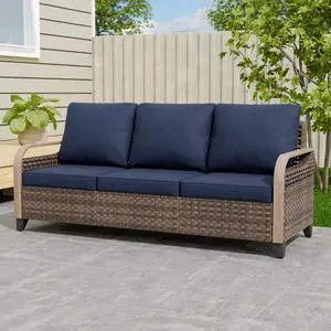 Wicker Outdoor Patio Sofa Modern Rattan Patio Furniture Loveseat for Backyard Deck Porch Balcony, 3 Seat Couch, Brown/Blue Wicker Outdoor Patio Sofa Modern Rattan Patio Furniture Loveseat for Backyard Deck Porch Balcony, 3 Seat Couch, Brown/Blue