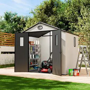 8x6 Outdoor Storage Shed, Weatherproof Resin Storage Shed with Floor, Tongue-and-Groove Roof Panels, Windows and Lockable Doors, Garden Tool Storage Shed for Backyard, Patio, White/Gray 8x6 Outdoor Storage Shed, Weatherproof Resin Storage Shed with Floor, Tongue-and-Groove Roof Panels, Windows and Lockable Doors, Garden Tool Storage Shed for Backyard, Patio, White/Gray
