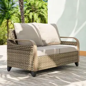 Wicker Outdoor Patio Sofa Modern Rattan Patio Furniture Loveseat for Backyard Deck Porch Balcony, 2 Seat Loveseat, Brown/Gray Wicker Outdoor Patio Sofa Modern Rattan Patio Furniture Loveseat for Backyard Deck Porch Balcony, 2 Seat Loveseat, Brown/Gray