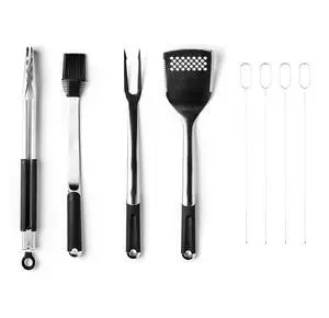 8-Piece BBQ Grill Tool Set with 18" Grill Spatula, 18" Locking Tongs, 17" Silicone Basting Brush, 18" Grill Fork, and Four 15" Flat Skewers, Heat-Resistant, Soft-Grip, Non-Slip Handles 8-Piece BBQ Grill Tool Set with 18" Grill Spatula, 18" Locking Tongs, 17" Silicone Basting Brush, 18" Grill Fork, and Four 15" Flat Skewers, Heat-Resistant, Soft-Grip, Non-Slip Handles