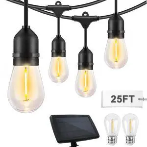 25 FT S14 Solar-Powered String Lights, IP65, 10 Shatterproof Edison Vintage Bulbs (2 Spare) for Outdoors, 10 Hanging Sockets, Decorative Lights for Patio, Garden, Wedding, Party, and Pool 25 FT S14 Solar-Powered String Lights, IP65, 10 Shatterproof Edison Vintage Bulbs (2 Spare) for Outdoors, 10 Hanging Sockets, Decorative Lights for Patio, Garden, Wedding, Party, and Pool